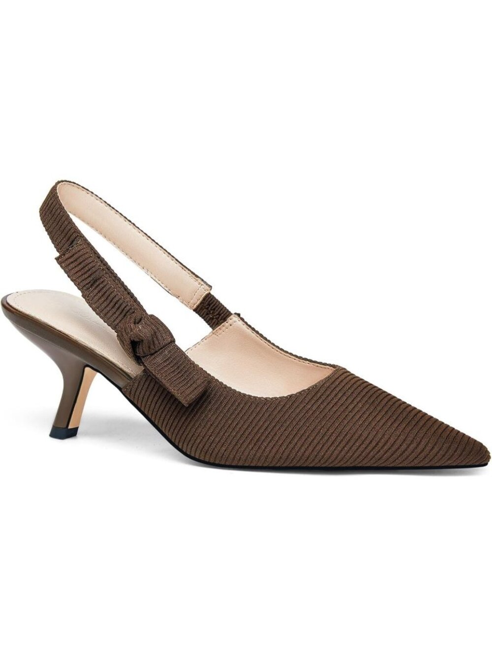 Women's Ribbed Brown Kitten Heels Closed Toe Slip On Bowknot Work Dressy Shoes